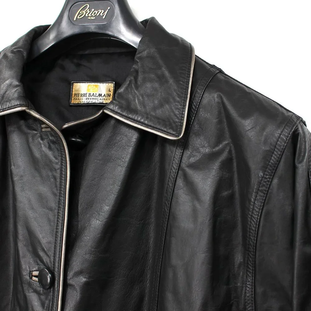 Pierre BALMAIN Golden Line Black Leather Button-Up Jacket L Vintage Paris Coat